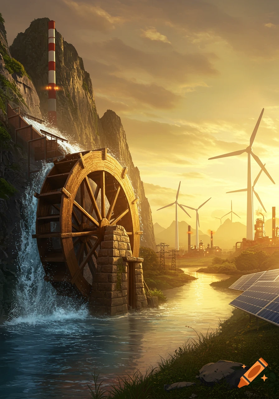 A vibrant digital painting of a water wheel on a river, with wind turbines, solar panels, and factories in a golden-lit mountain landscape.