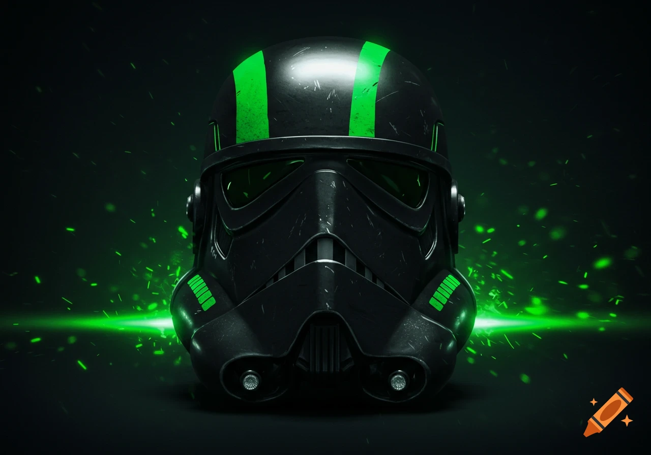 A black Star Wars death trooper helmet with bright green accents glows against a dark background with green light particles.
