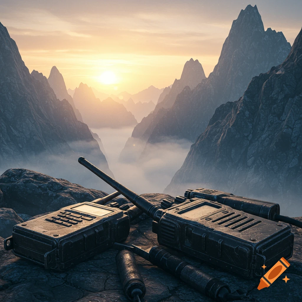 Two walkie-talkies rest on a rocky cliff overlooking a misty mountain valley at sunrise. Photorealistic style.