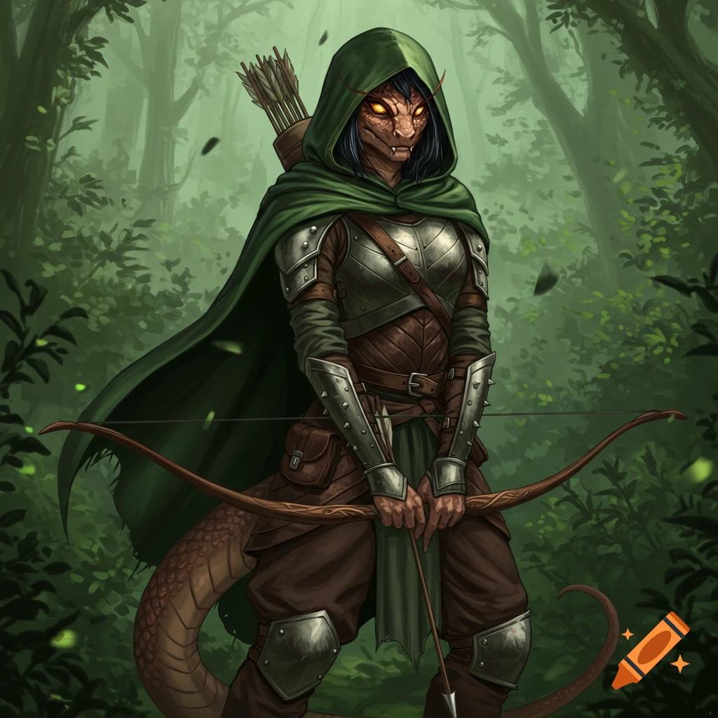 A snake-like female character (Yuan-ti) in a green hooded cloak and studded armor, holding a bow in a forest.