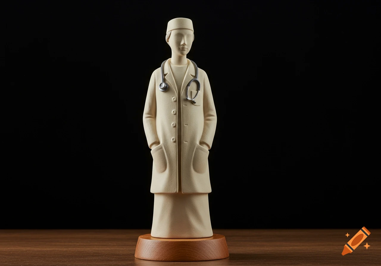 Ceramic statue of a doctor with a stethoscope on a wooden base.