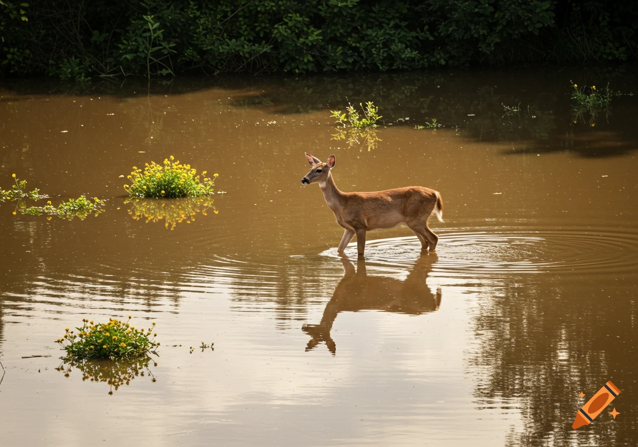 A brown deer wades through muddy water with ripples, reflecting on the surface, surrounded by green foliage and yellow flowers.