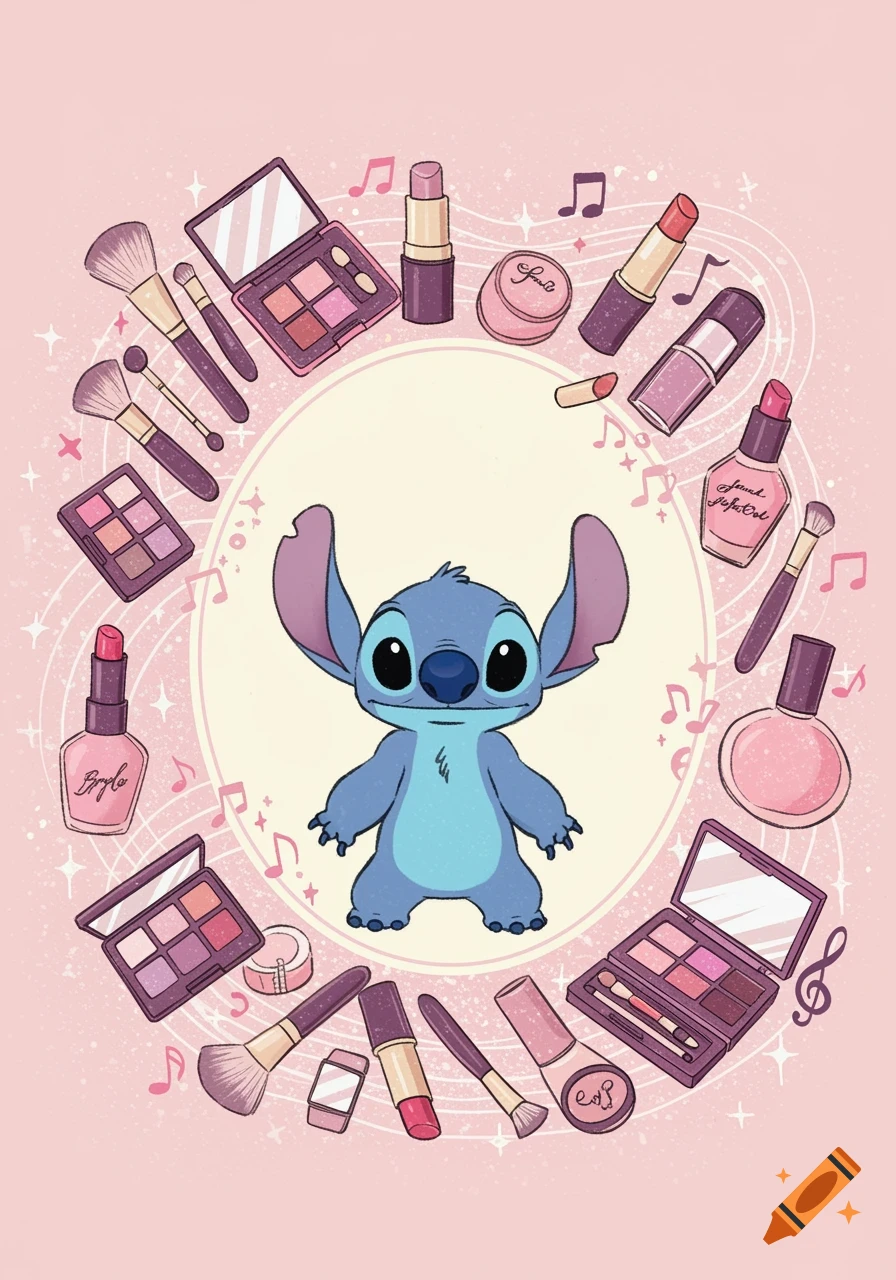 Cartoon illustration of a blue Stitch-like character surrounded by pink and purple makeup products and musical notes on a light pink background.