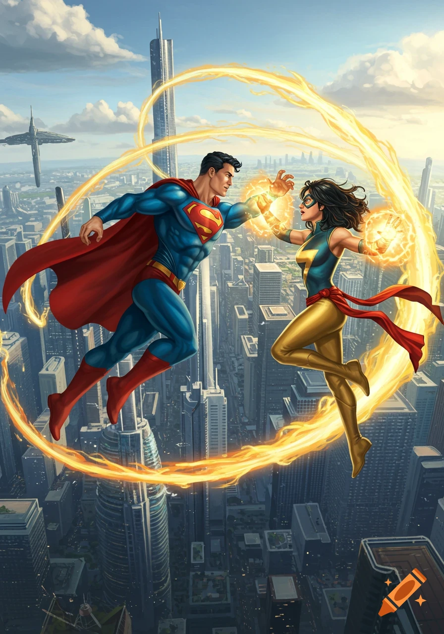 Superman and Ms. Marvel flying above a city, facing each other with glowing energy, in a comic book art style.