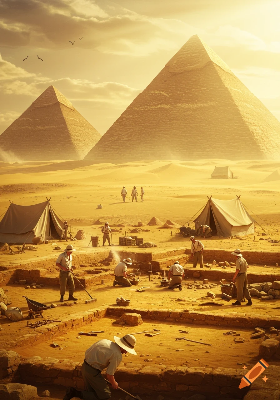 Photorealistic image of archaeologists excavating ancient artifacts in a golden desert with two large pyramids under a hazy sky.