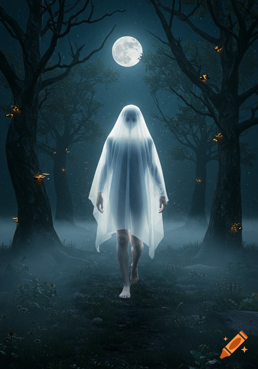 A figure in a white sheet with bare human feet walks through a dark, misty forest at night under a full moon.