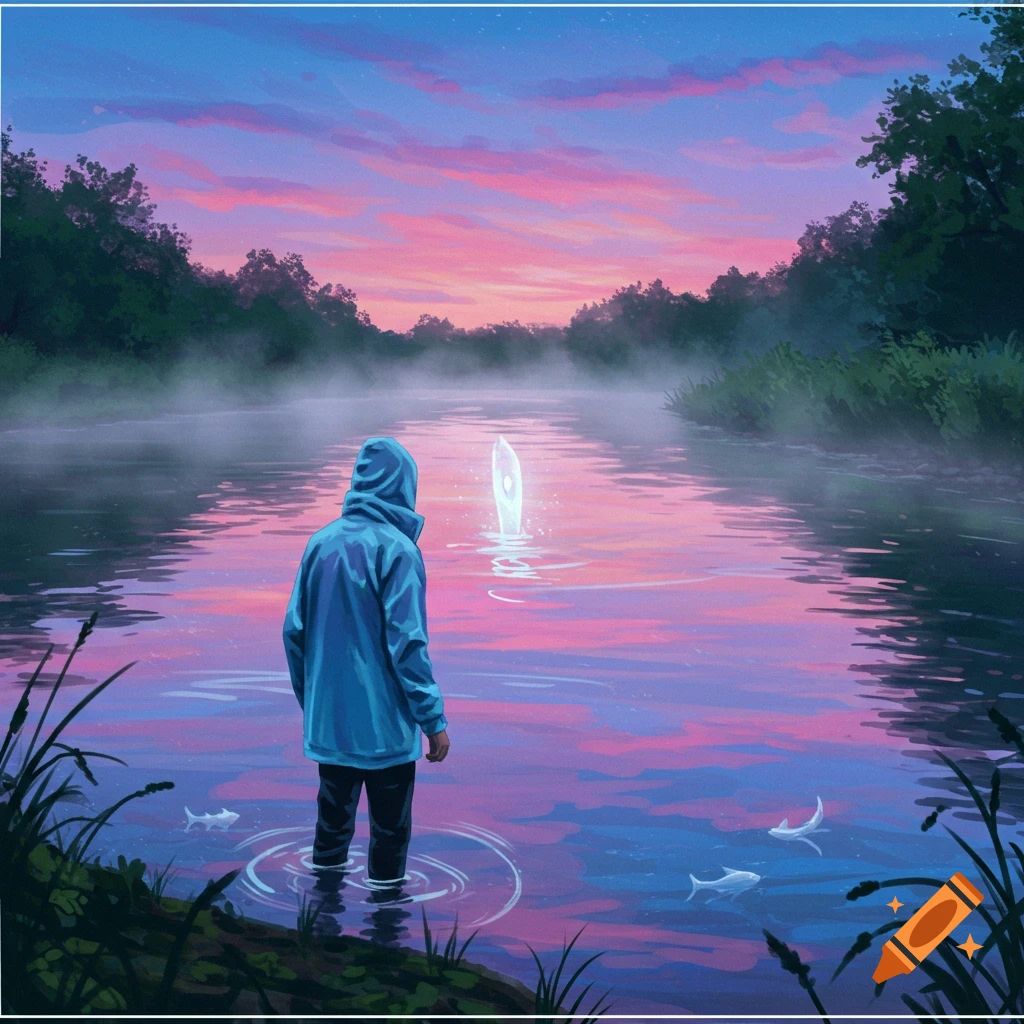 A person in a blue hoodie stands in a misty river at sunset, looking at a glowing object. The sky and water reflect pink and purple hues.