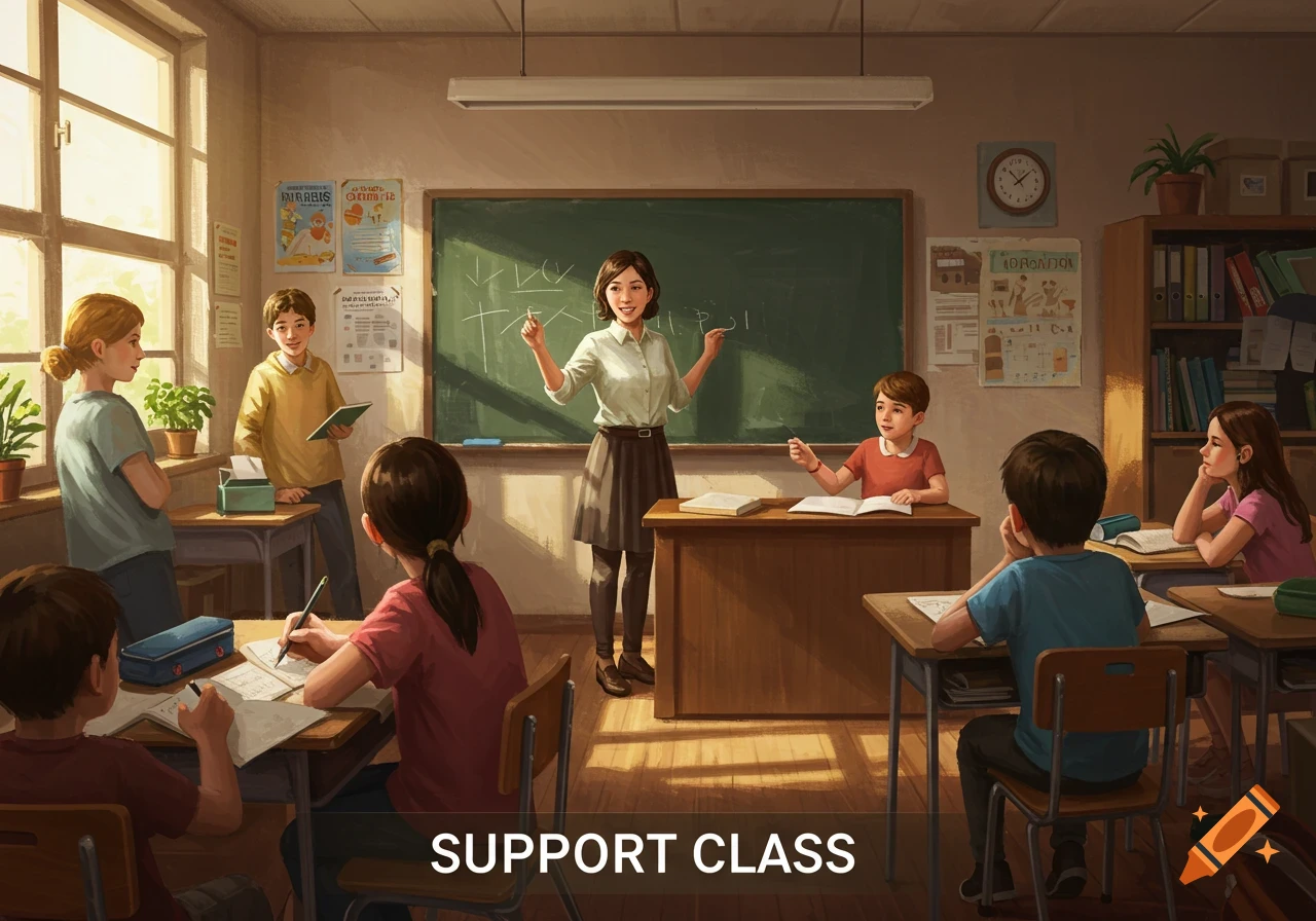 An illustration of a teacher standing in front of a blackboard, addressing students in a sunlit classroom.