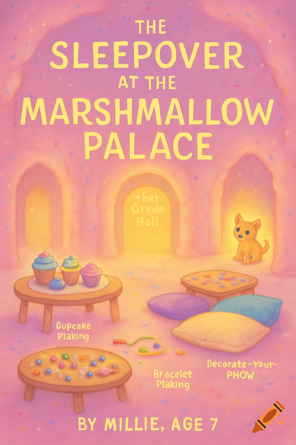 A pastel pink book cover illustration titled "The Sleepover at the Marshmallow Palace" by Millie, Age 7, depicting a cozy cavern with cupcakes, beads, pillows, and a glowing yellow puppy.