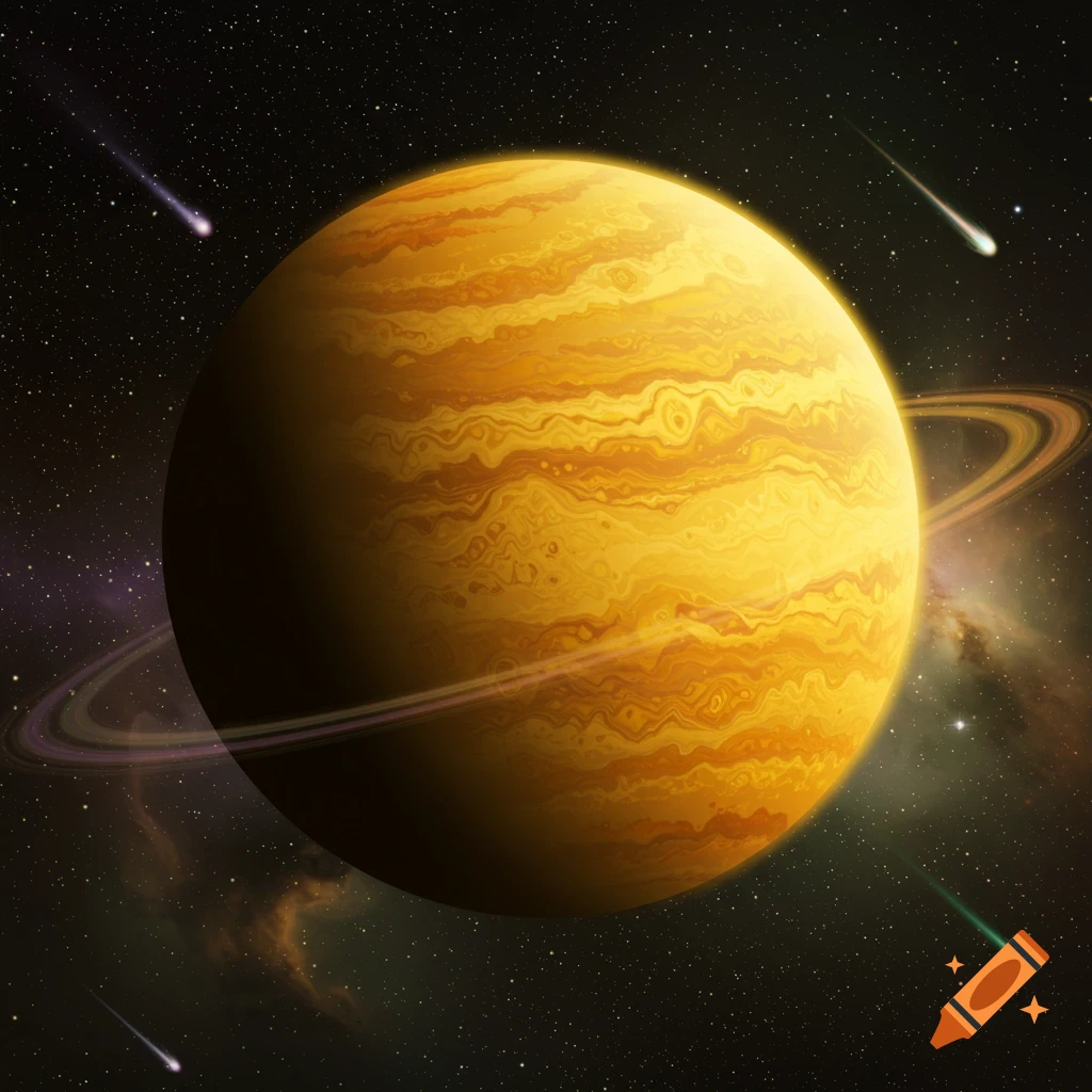 A large yellow and orange gas giant planet with rings floats in deep space, surrounded by stars and glowing nebulae, with three shooting comets.