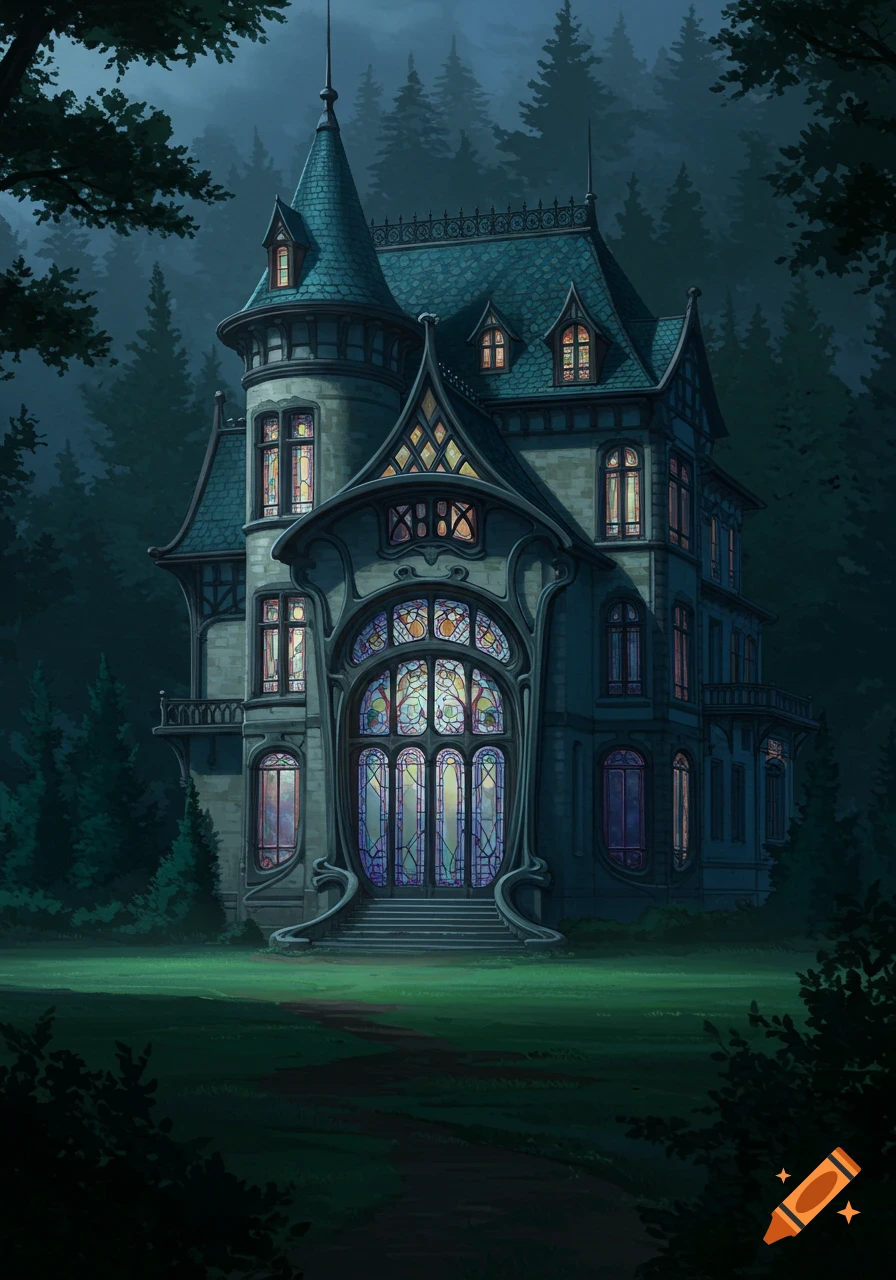 A dark, mysterious Art Nouveau chateau with ornate stained glass windows at night, nestled in a dense forest.