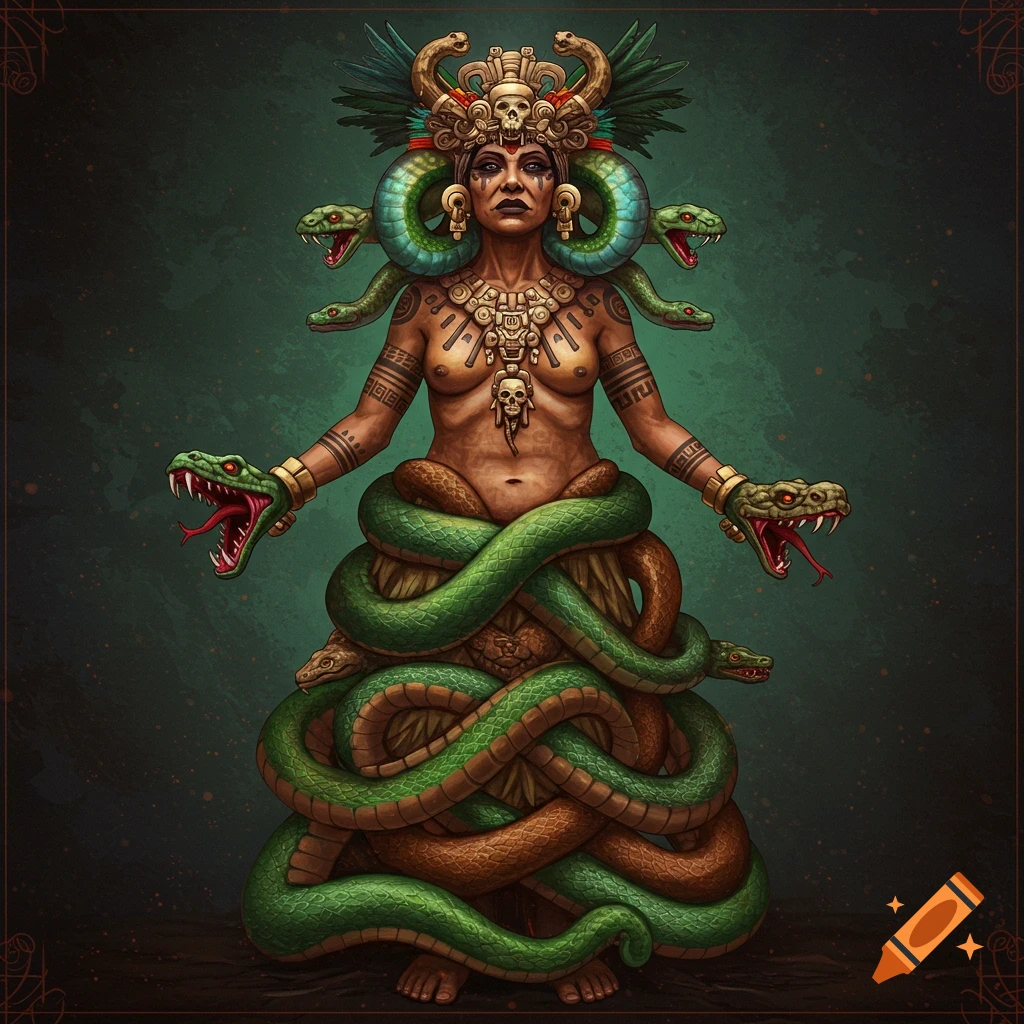 Mythological goddess Coatlicue with snake crown, snake arms, and snake skirt, against a dark background in an ancient art style.