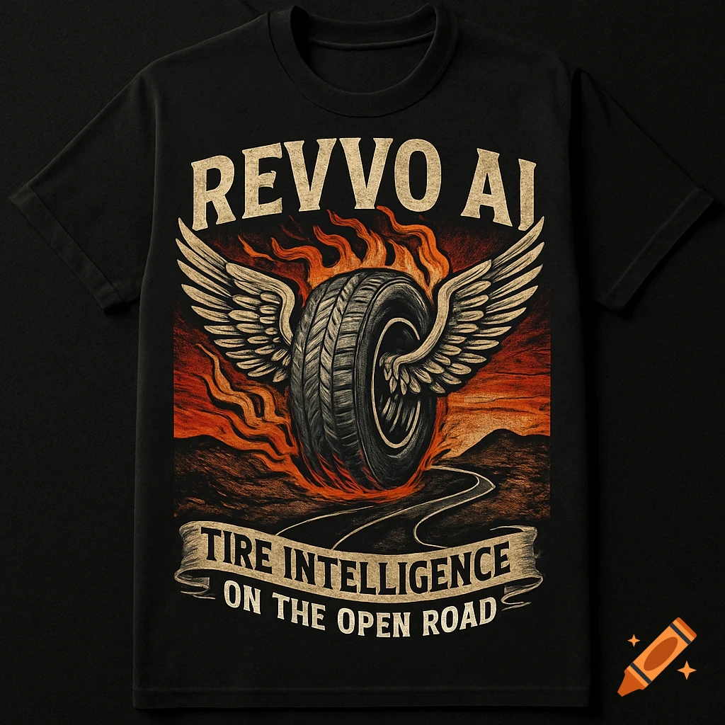 Black T-shirt with a retro graphic of a winged tire, flames, and a desert road. Text: 'Revvo AI' & 'Tire Intelligence on the Open Road'.