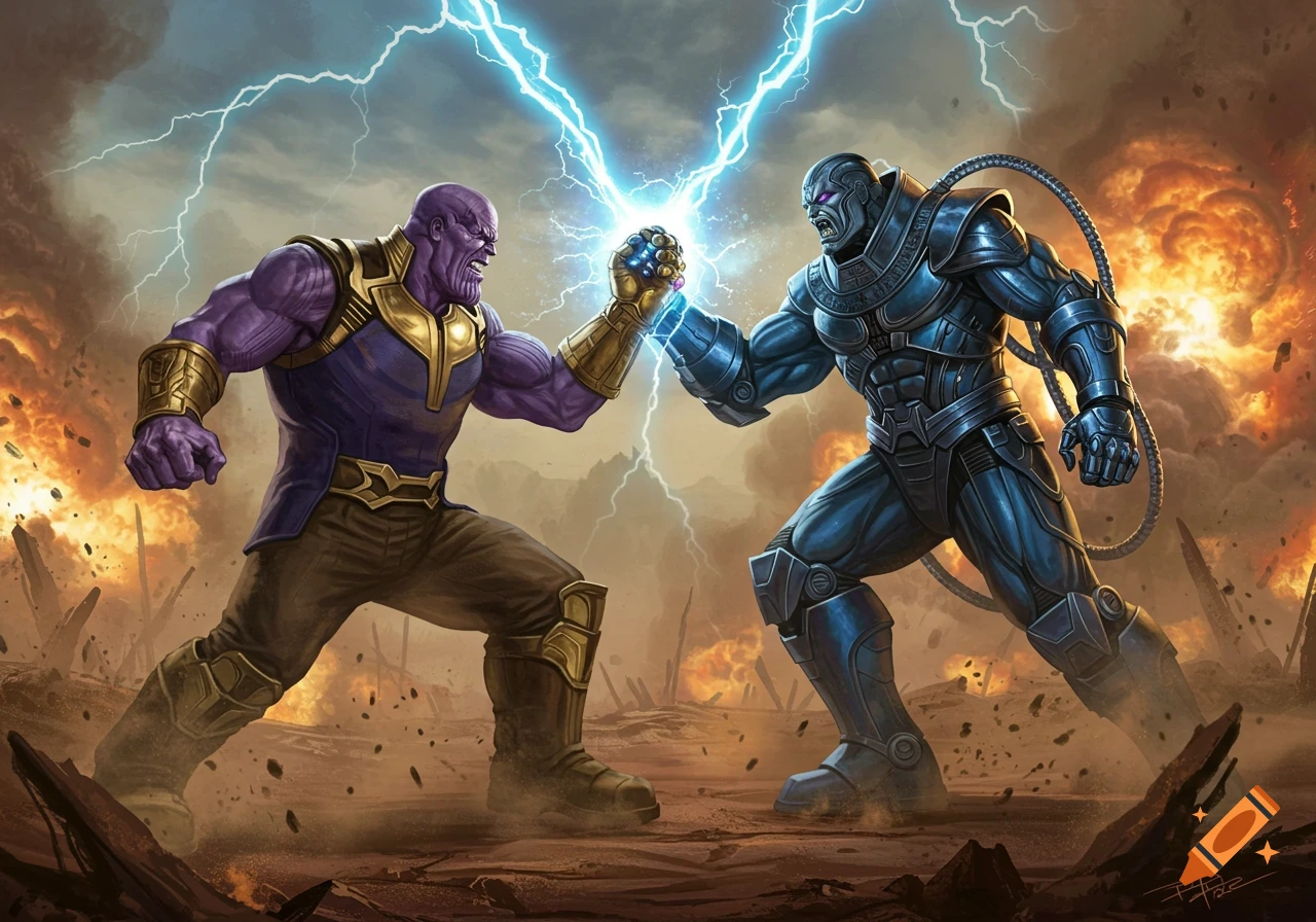 Thanos and Apocalypse battle, their fists glowing with lightning, amidst a fiery, destroyed landscape under a stormy sky in a detailed comic book style.