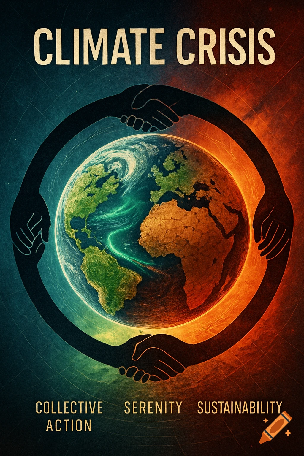 A climate crisis poster with Earth encircled by four silhouetted hands against a blue and orange background, with text 'CLIMATE CRISIS'.
