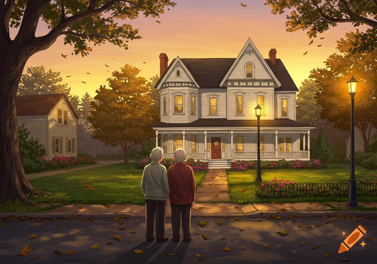 An old couple stands on a leaf-strewn street, looking at a large white Victorian house at sunset in an illustrative style.