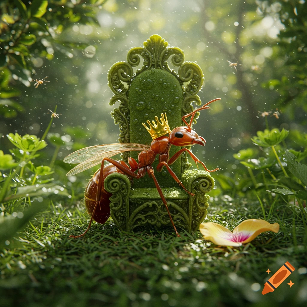 A hyperrealistic ant, wearing a golden crown, sits majestically on an ornate, green, moss-covered throne in a lush, magical forest with light rays and falling water droplets.