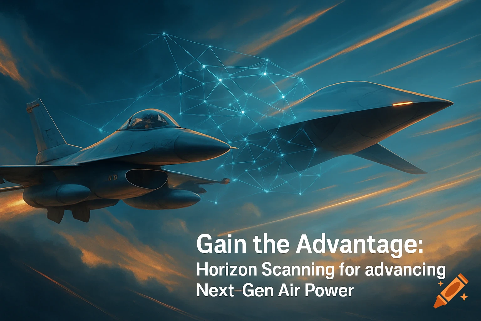 Modern F-16 and futuristic UAV flying in dynamic sky, linked by glowing network lines. Text: 'Gain the Advantage: Horizon Scanning for advancing Next-Gen Air Power'.