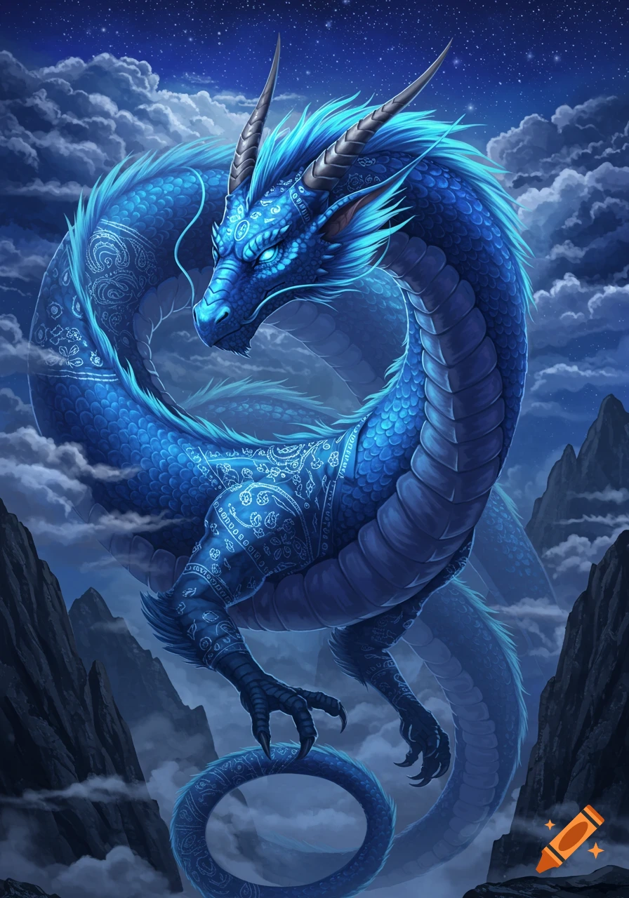 A majestic blue dragon with glowing eyes and intricate bandana-like patterns on its scales, flying amidst dark clouds and mountain peaks under a starry night sky.