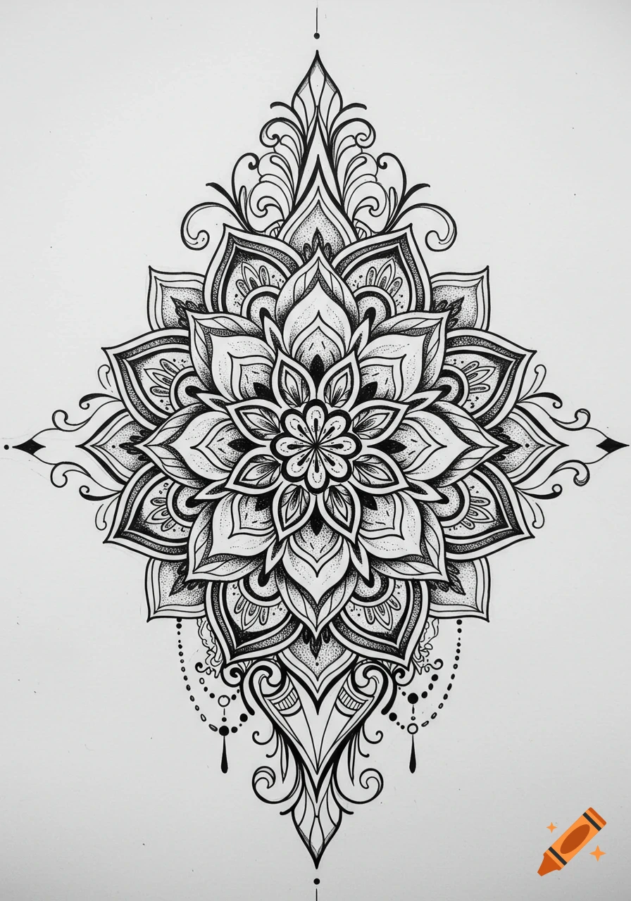 Intricate black and white symmetrical mandala with floral and ornamental patterns and stippling.