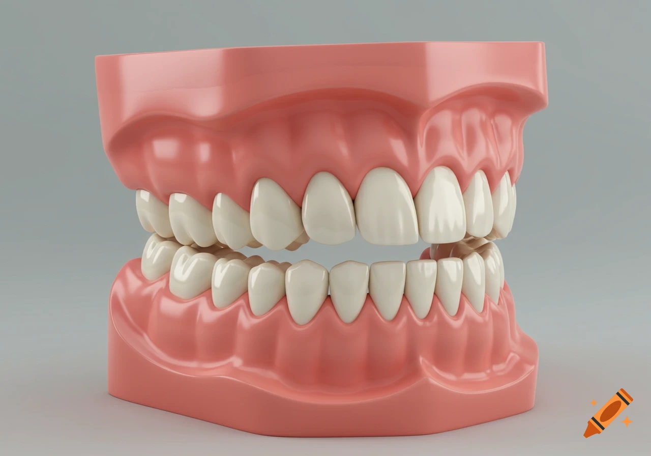 A close-up 3D render of a pink dental model showing upper and lower rows of white teeth on a light grey background.