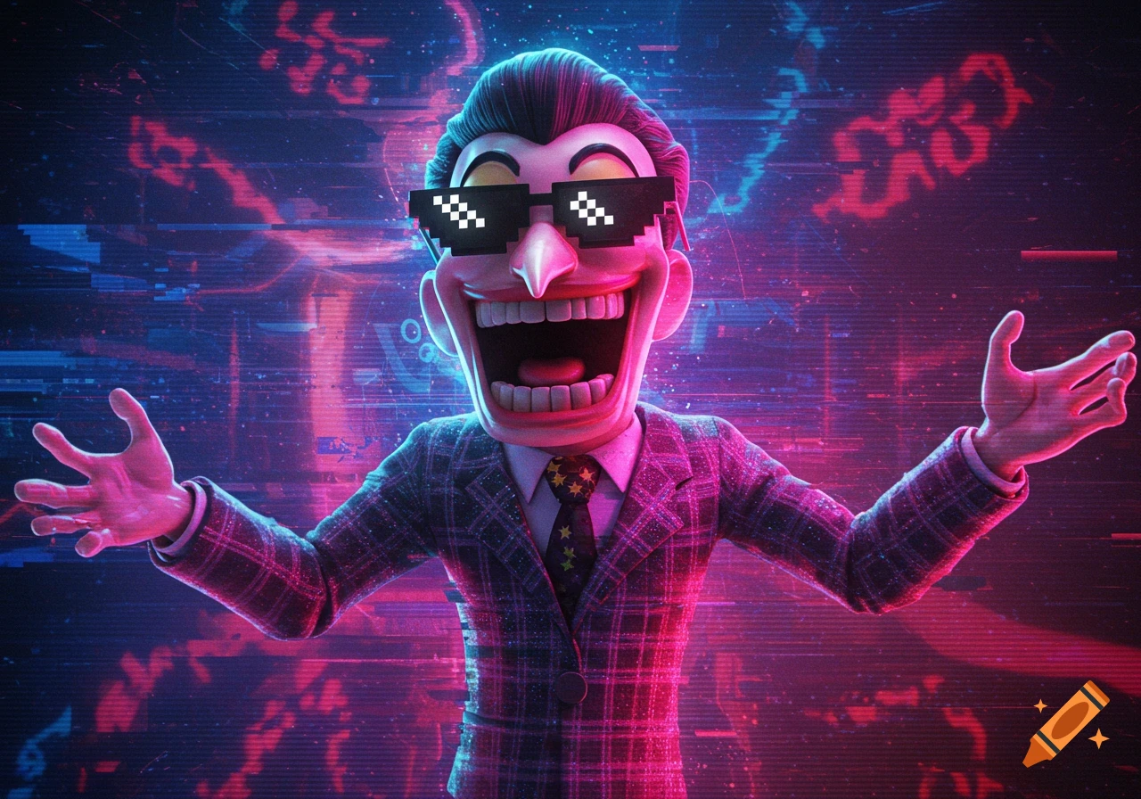 A stylized, exaggerated character with pixelated sunglasses and a wide grin, set against a glitchy, neon-lit cyberpunk background.