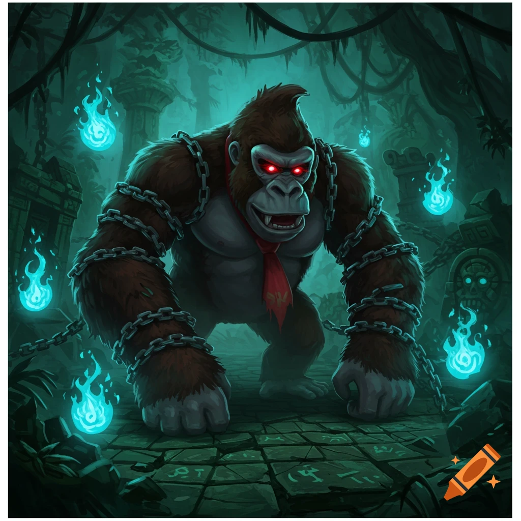 Cursed Donkey Kong, a large brown gorilla with red glowing eyes and a red tie, is chained and stands in a dark jungle ruin with blue mystical flames floating around.
