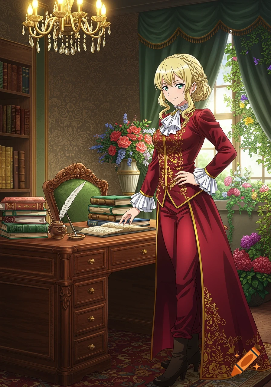 An anime woman with blonde hair in an elaborate red and gold suit stands in an elegant study with a desk, books, and a window.