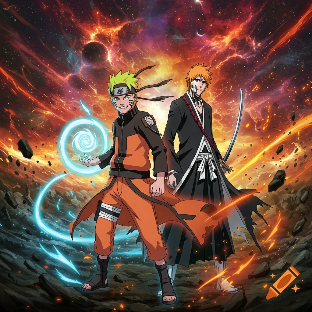 Naruto Uzumaki with a glowing blue energy orb and Ichigo Kurosaki with a sword stand together against an epic, fiery, cosmic background.