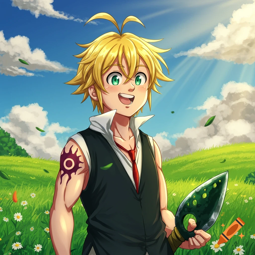 A happy blonde anime boy with green eyes, wearing a black vest and red tie, holds a green weapon in a sunny, grassy field.