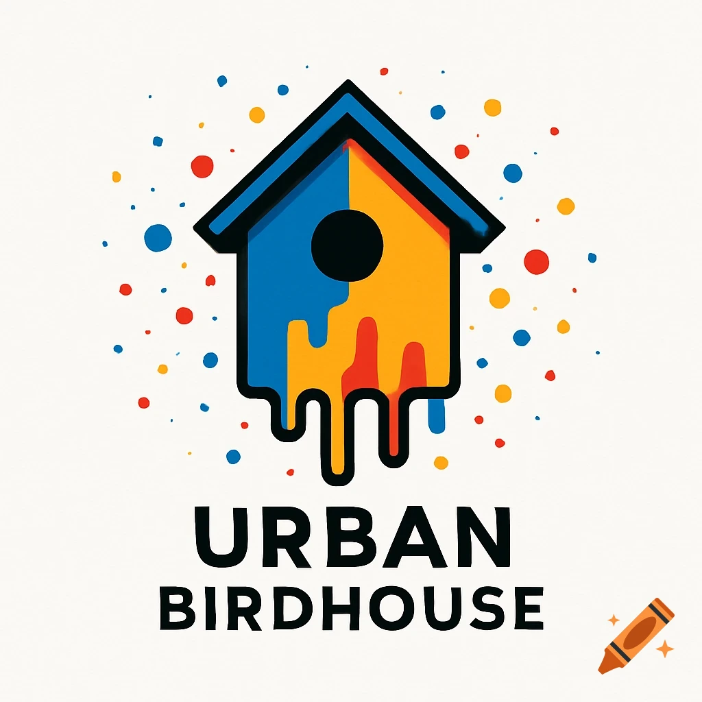 A colorful logo featuring a birdhouse split in blue and yellow with dripping paint and splatters, and "URBAN BIRDHOUSE" text.