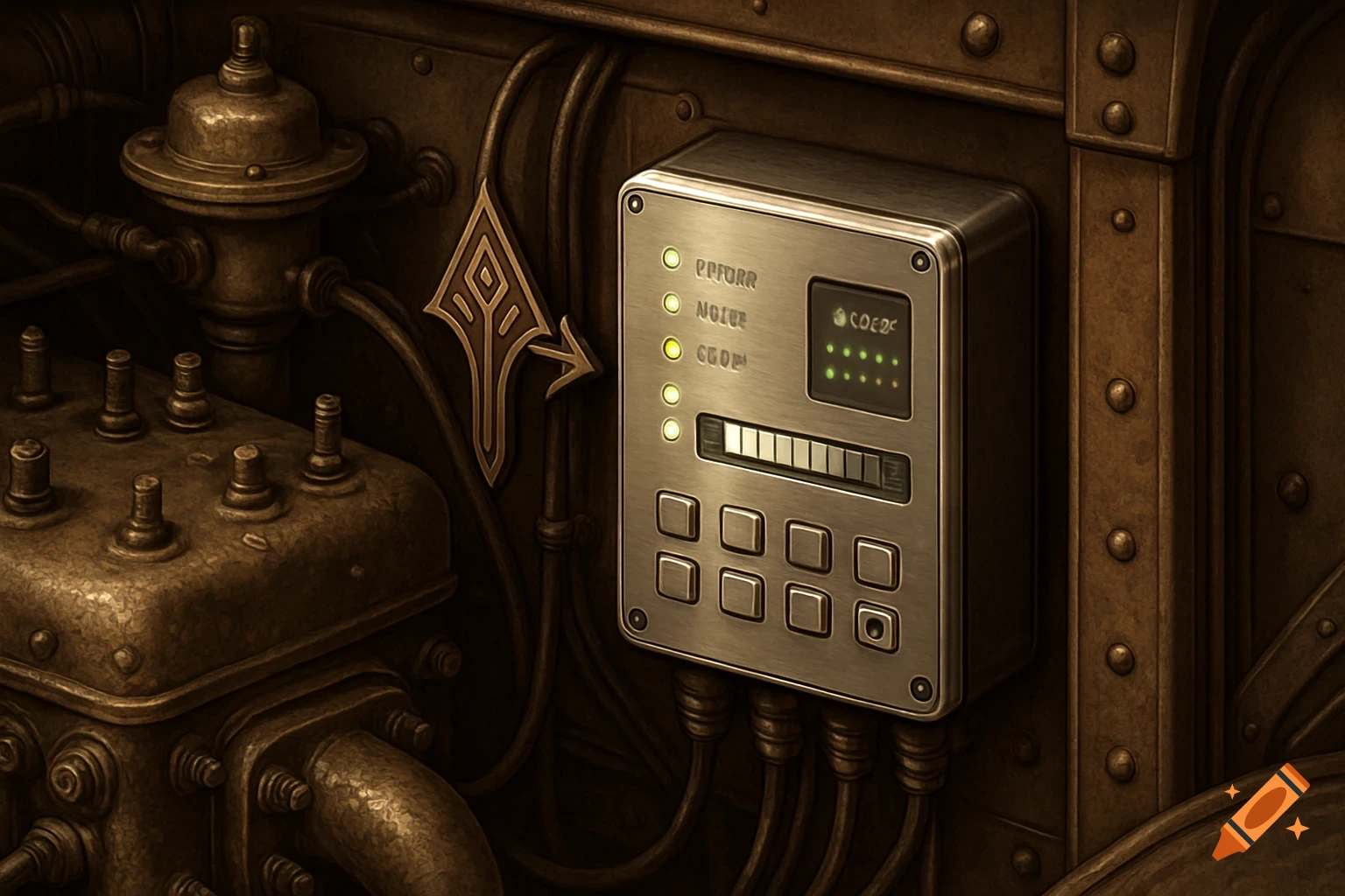 A detailed close-up of a modern control module mounted within a vintage, steampunk-style engine bay, with an arrow pointing to the module.