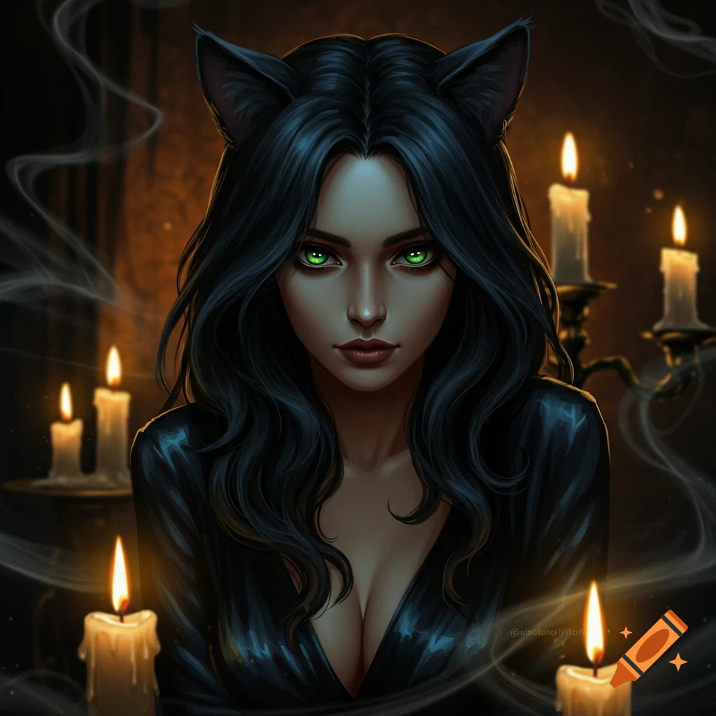 A dark fantasy portrait of a woman with black cat ears, long black hair, and glowing green eyes, surrounded by lit candles and smoke.
