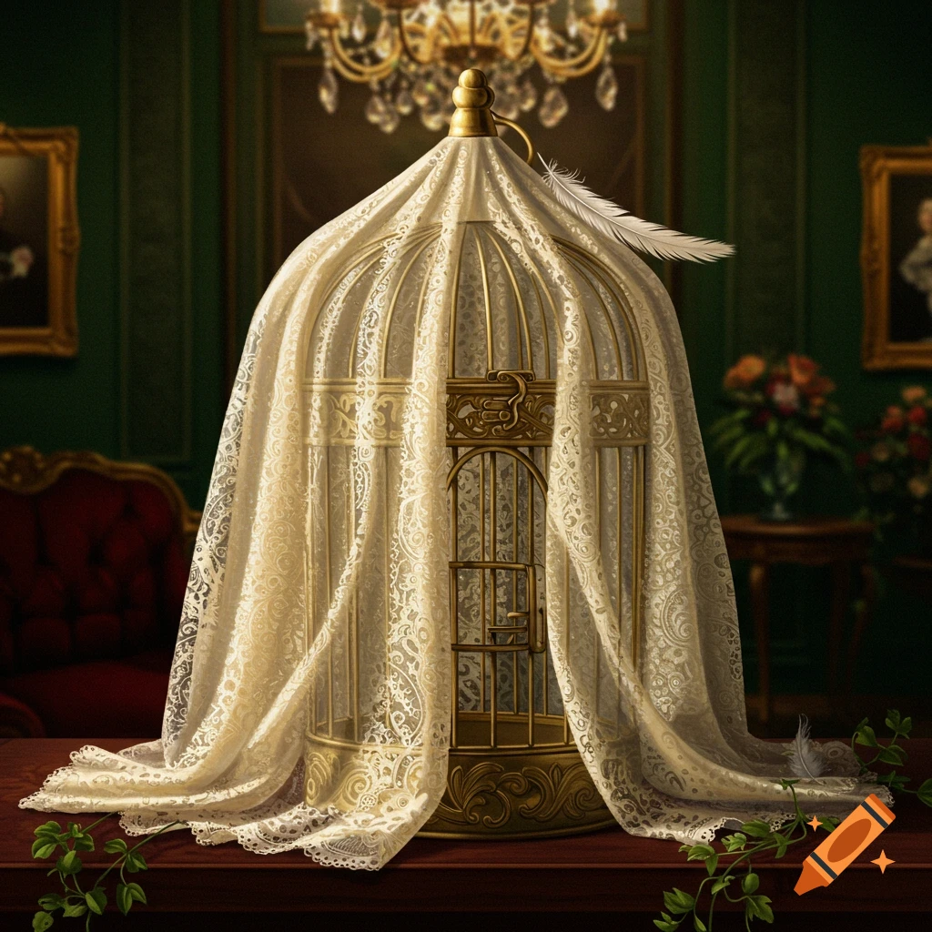 An ornate gold birdcage draped in a white lace cloth sits on a dark wooden table in a lavish, dimly lit room with a chandelier.