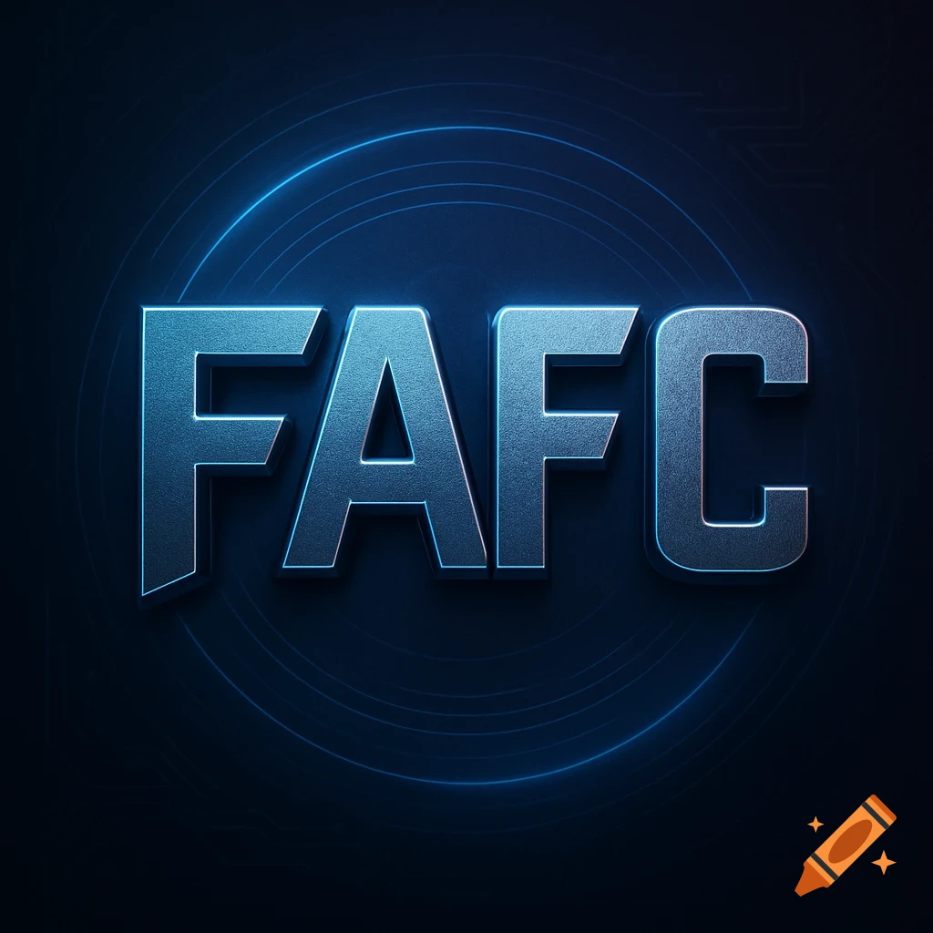Metallic blue letters FAFC with glowing blue outlines on a dark background with circuit patterns.