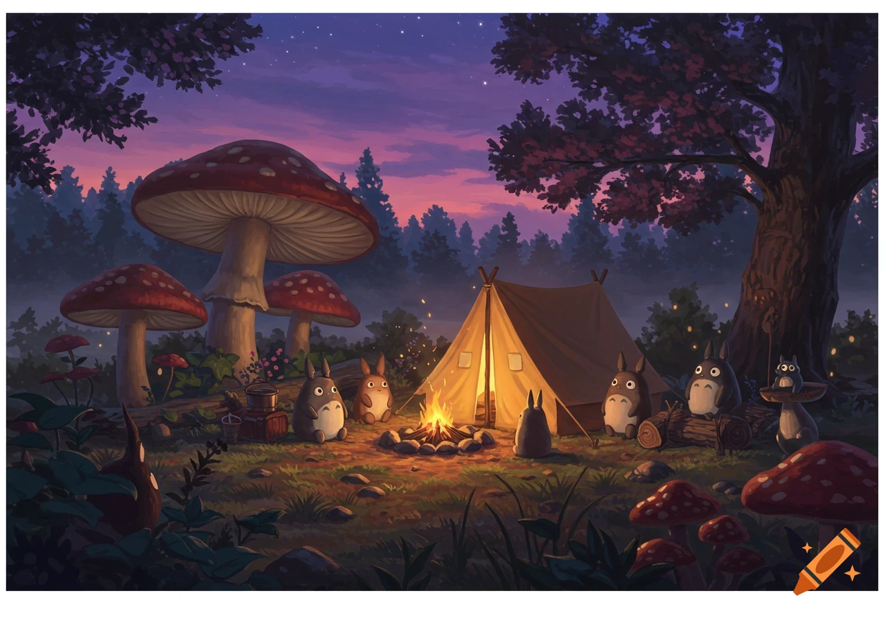 Cute fantasy creatures resembling Totoro sit around a campfire near a tent and giant mushrooms under a starry, twilight sky, in Studio Ghibli style.