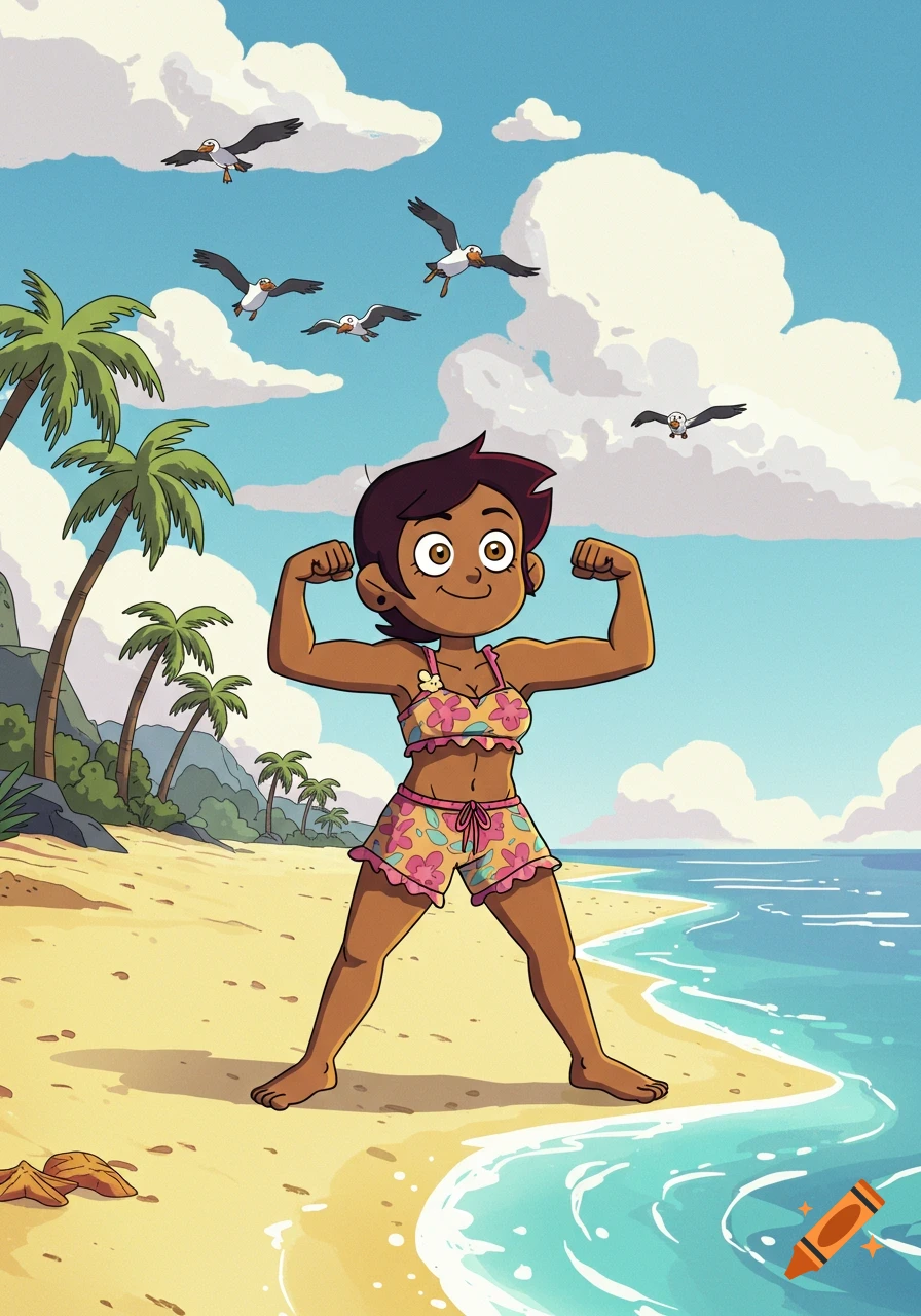 A cartoon girl with dark hair flexes her biceps at a tropical beach with palm trees and seagulls flying in the blue sky.