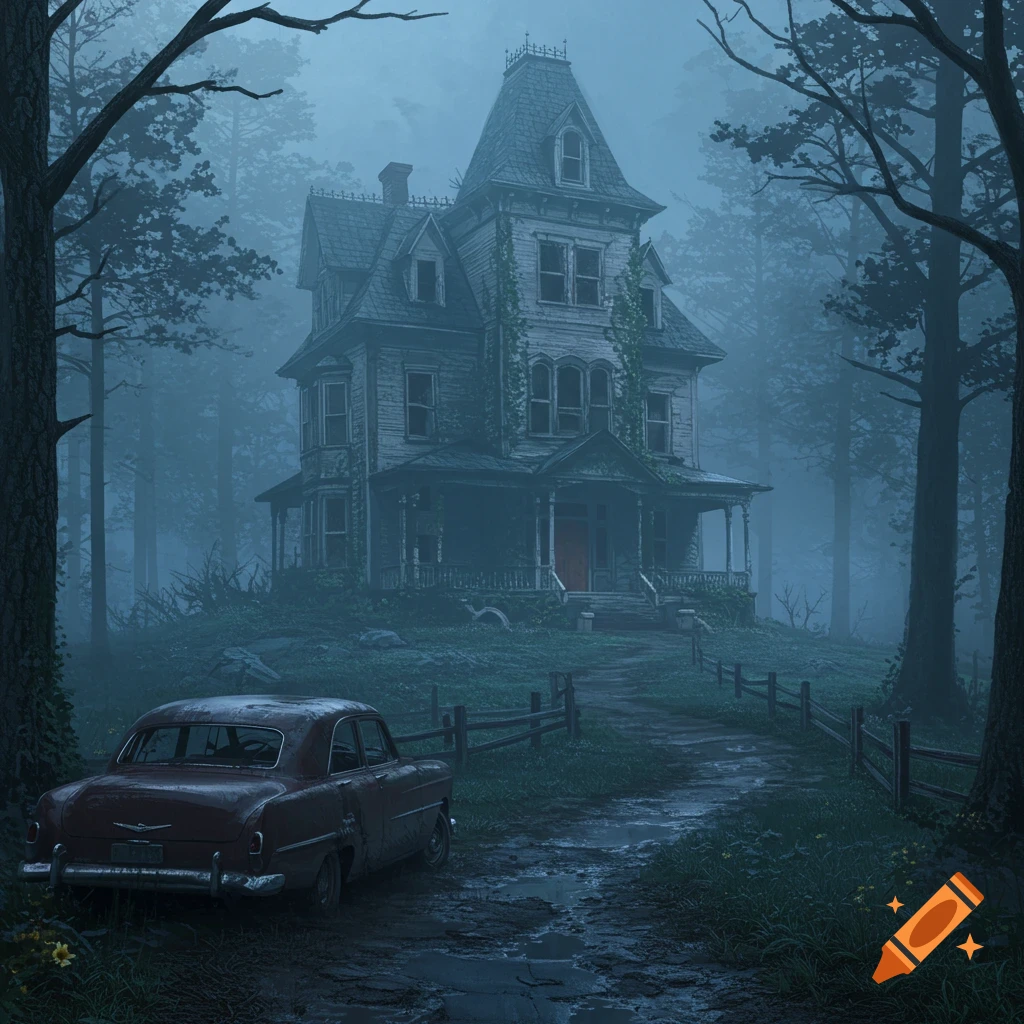 An eerie, abandoned Victorian-style house on a misty hill, surrounded by a dark forest, with a vintage red car parked on a muddy path.