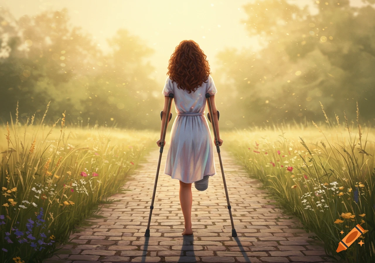 A woman with curly red hair walks on crutches down a brick path, with one leg missing, through a sunlit field.