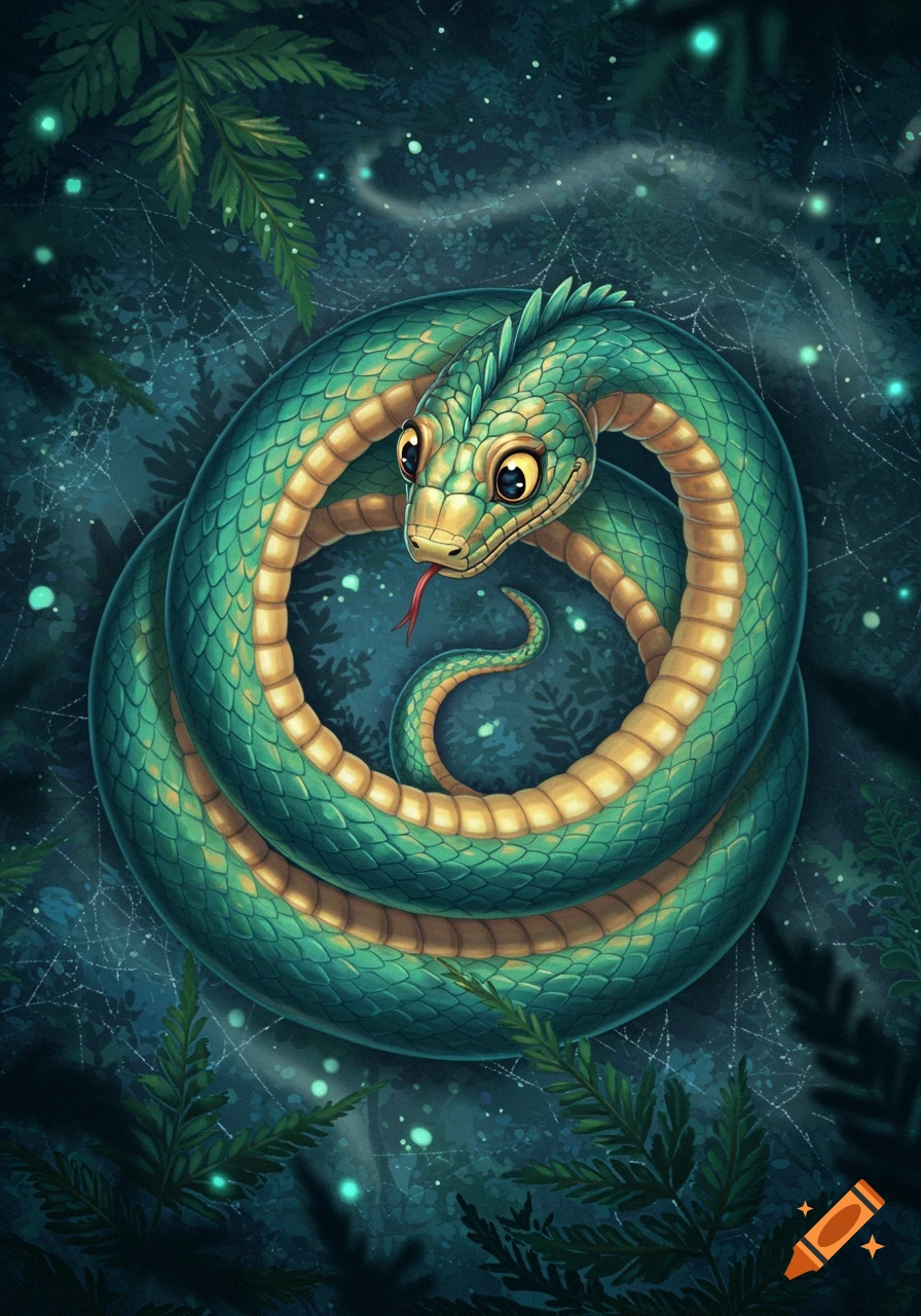 A stylized green and gold snake coiled into an ouroboros, with a red tongue, in a dark, magical forest setting with glowing particles.