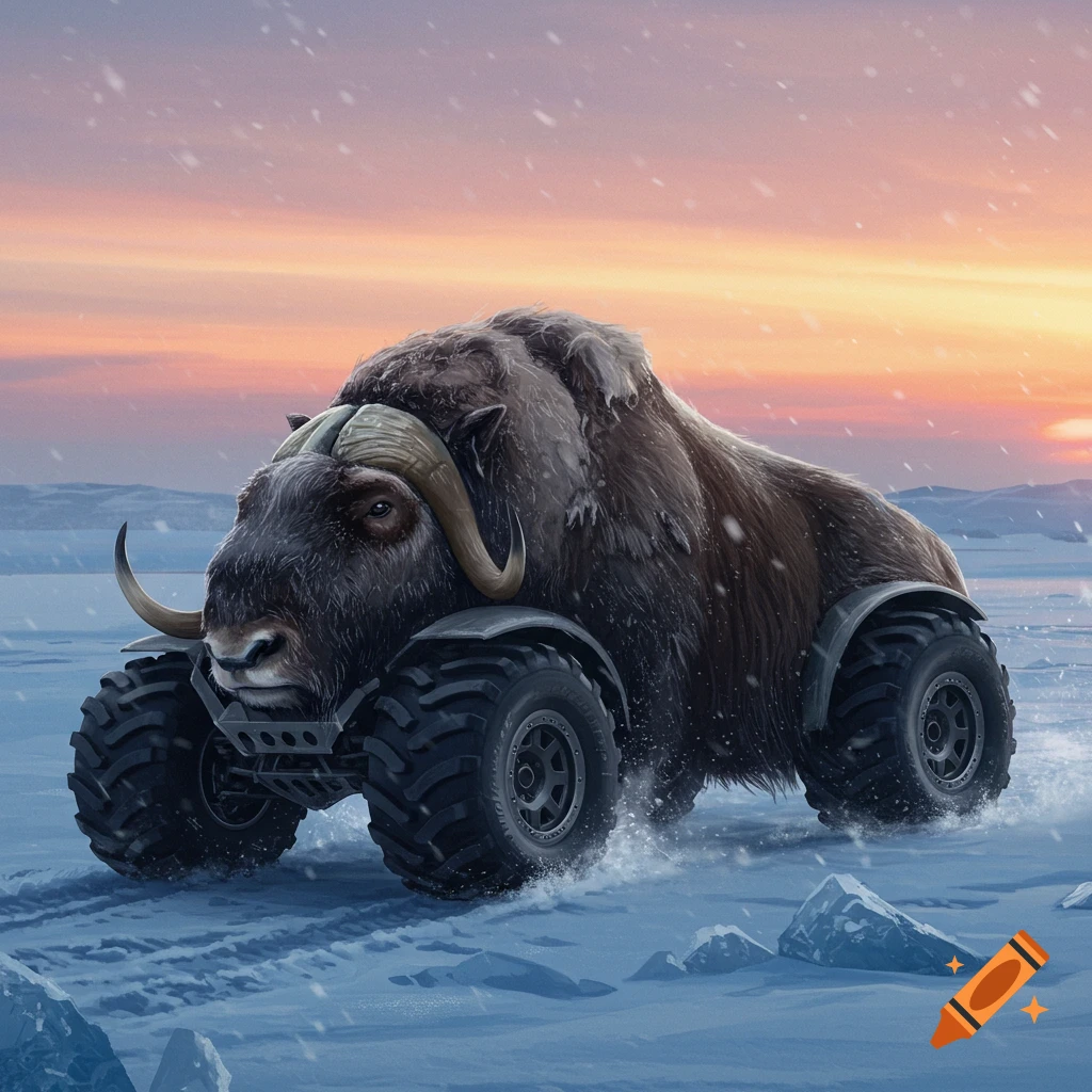 A large, furry musk ox with horns serves as the body of an off-road vehicle with huge tires, driving through a snowy landscape at sunset.