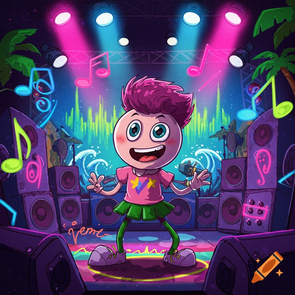 A vibrant cartoon character with pink hair and a green skirt performs on a stage lit by pink and blue spotlights, surrounded by speakers and glowing musical notes.