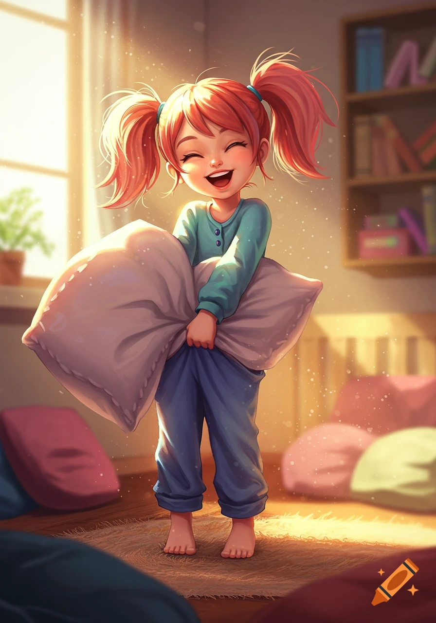 A happy cartoon girl with red pigtails holds a large pillow in a sunlit room, ready for a pillow fight.