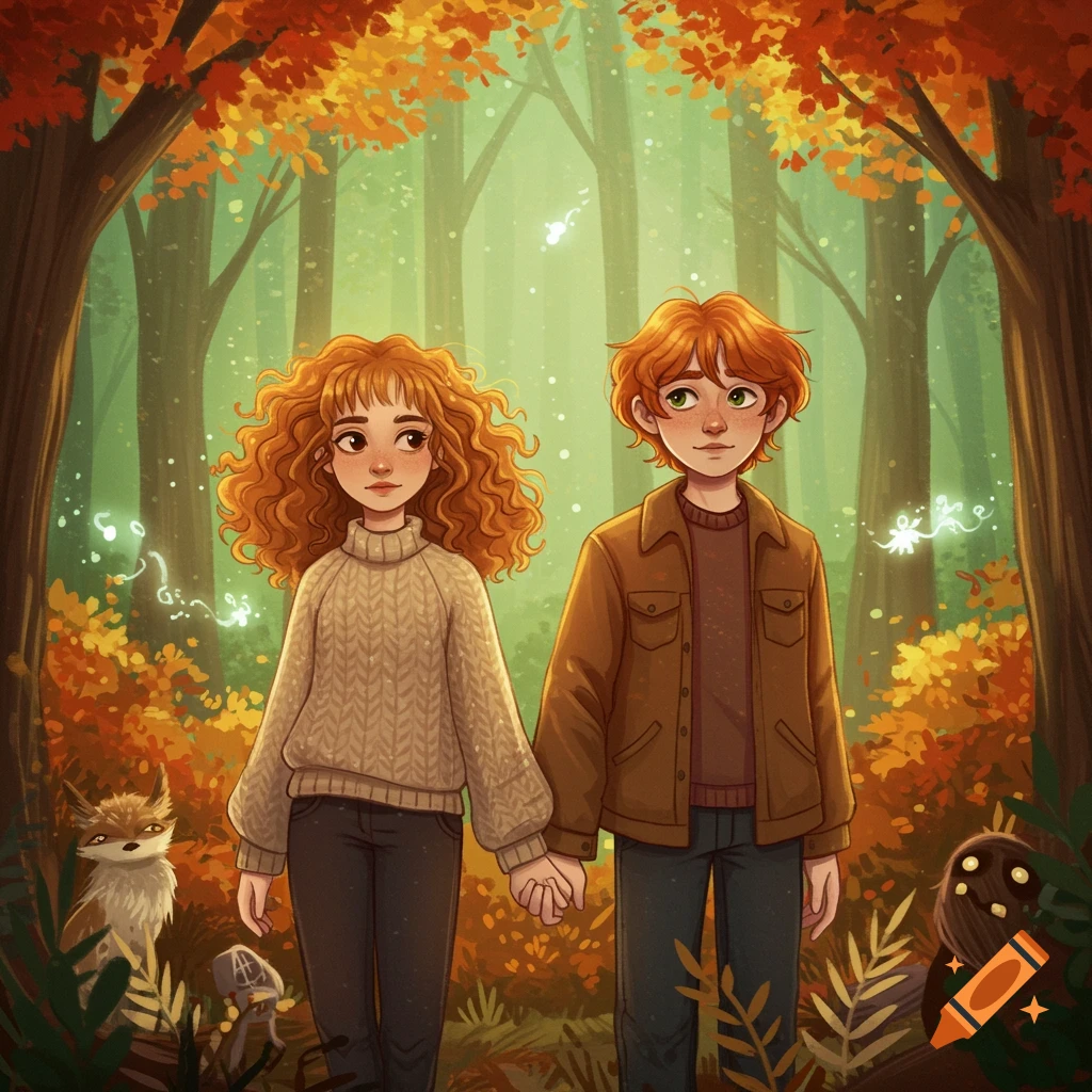 Cartoon illustration of a boy and a girl with ginger hair holding hands in an autumn forest with glowing fireflies.