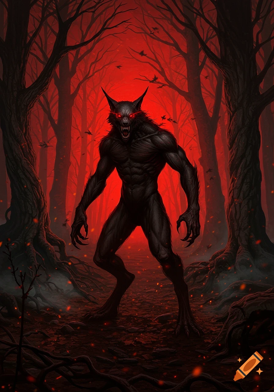 A muscular demonic werewolf with glowing red eyes and sharp claws stands in a dark, ominous red-lit forest.