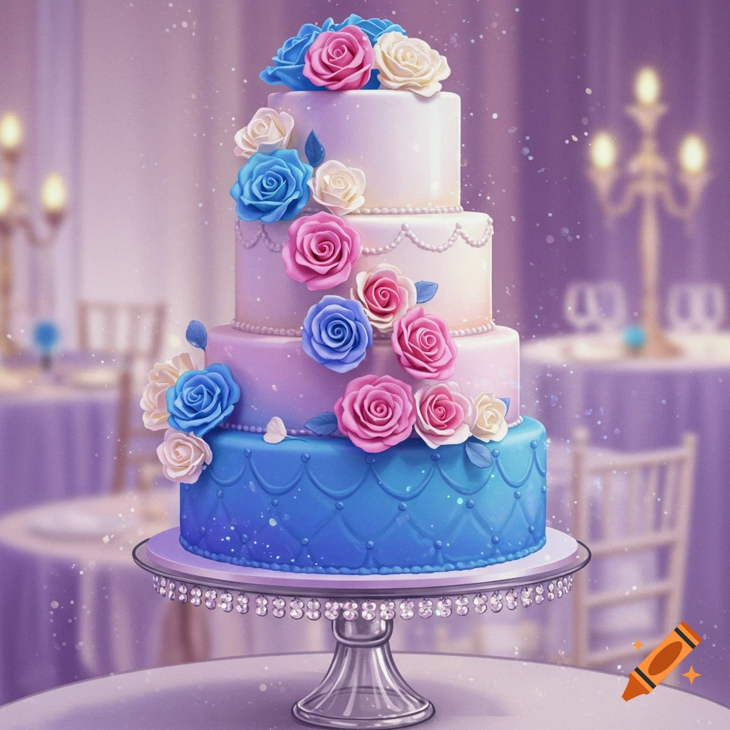 A four-tiered white, pink, and blue wedding cake adorned with pink, blue, and white roses, on a clear crystal stand in a softly lit banquet hall.