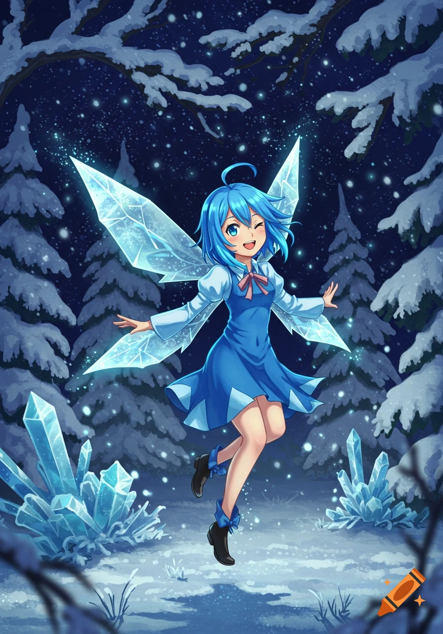 An anime-style ice fairy with blue hair and glowing crystal wings floats in a snowy forest at night, surrounded by ice crystals.