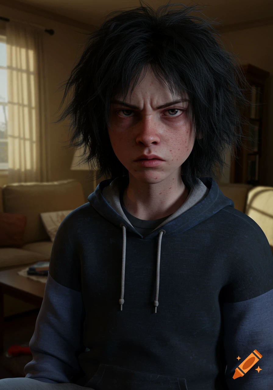 A semi-realistic portrait of a scowling teenage boy with messy black hair and acne, wearing a hoodie in a living room.