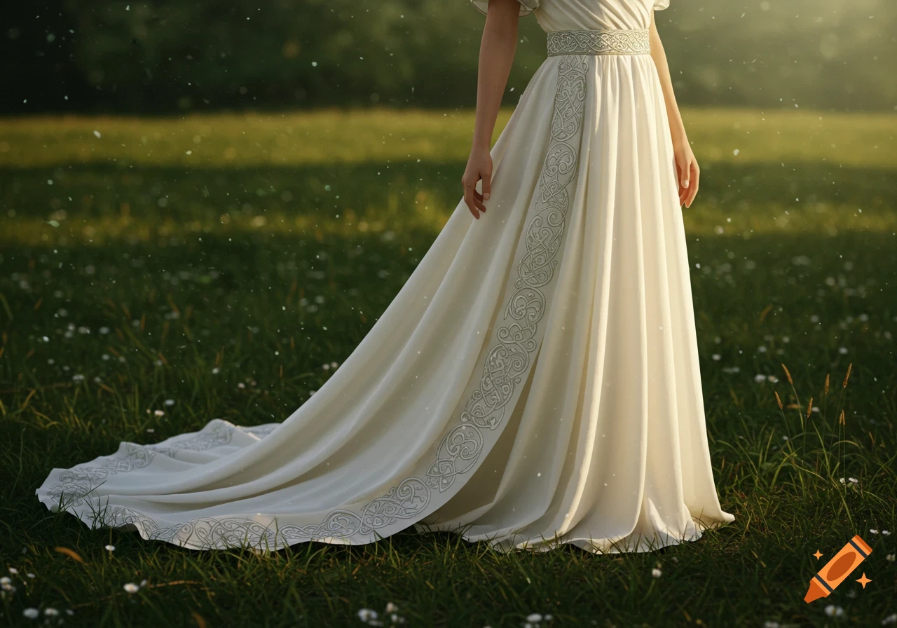 A person in a flowing white wedding gown with intricate Celtic and Greek designs stands in a lush green field.
