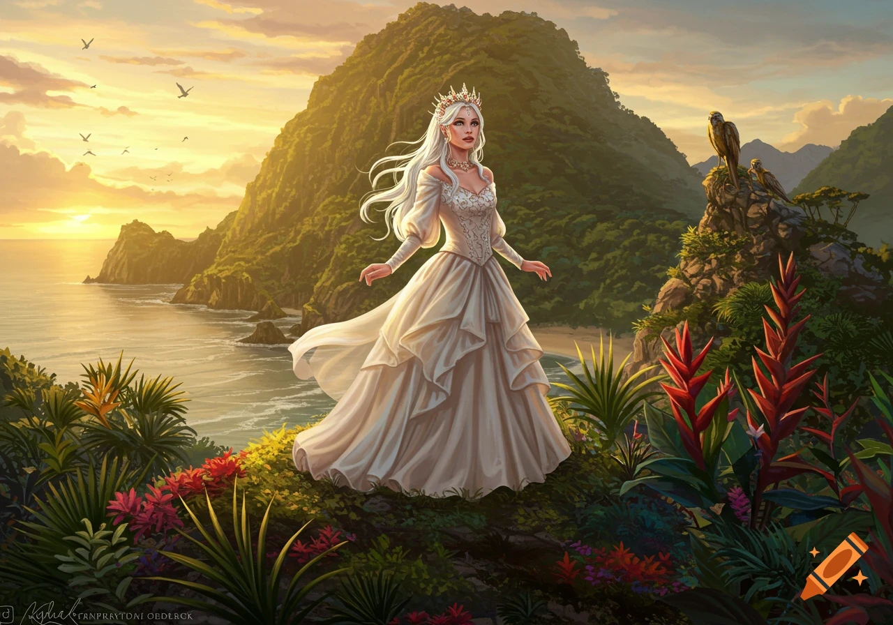 A woman with white hair and a crown in a white dress stands on a tropical island cliff overlooking the ocean at sunset, surrounded by lush plants.